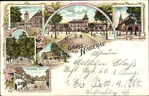 Litho Haguenau Hagenau im Elsass Bas Rhin, Bahnhof, Ritterturm, Paradeplatz, Stadttheater