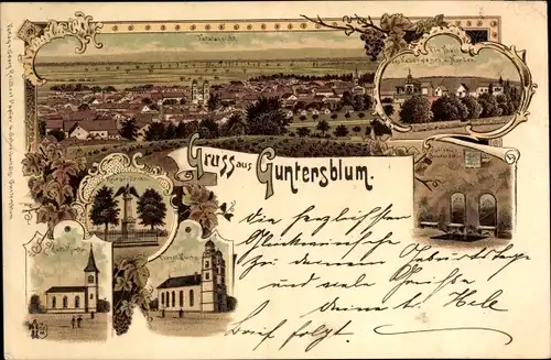 Litho Guntersblum am Rhein, Totalansicht, Kriegerdenkmal, Kath. & Ev. Kirche, Julianenbrunnen