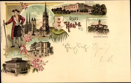 Litho Halle an der Saale, Marktkirche Roter Turm, Moritzburg, Giebichenstein, Universität, Theater