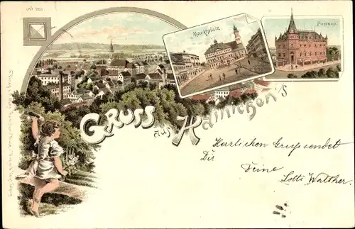 Litho Hainichen in Sachsen, Marktplatz, Postamt, Panorama vom Ort