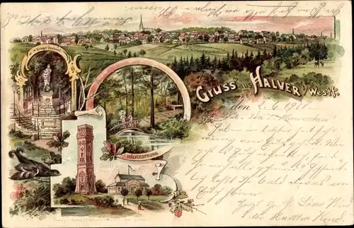 Litho Halver in Westfalen, Hälversprung, Kriegerdenkmal, Totalansicht