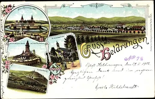 Litho Heldrungen in Thüringen, Schloss, Sachsenburg, Kyffhäuserdenkmal, Totalansicht