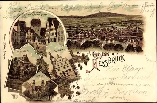 Litho Hersbruck im Nürnberger Land Bayern, Rathaus, Tor vom Markt aus gesehen, Schloss, Hohenstein