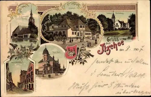 Litho Itzehoe Schleswig Holstein, Wappen, St. Laurentii Kirche, Eichtal, Schloss Breitenburg, Post