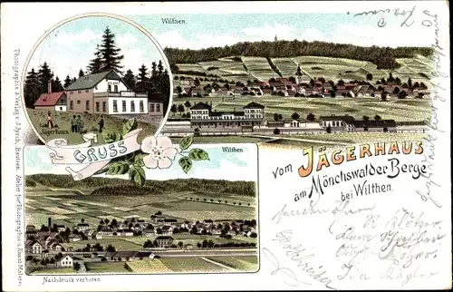 Litho Wilthen in der Oberlausitz, Mönchswalder Berg, Jägerhaus, Blick auf den Ort