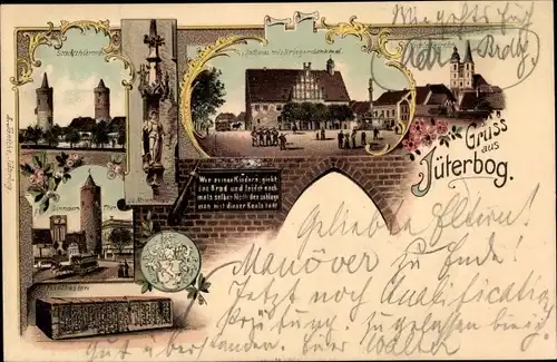 Litho Jüterbog in Brandenburg, Stadttürme, Zinnauer Tor, Tenzelkasten, Rathaus, Nicolaiturm