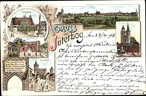Litho Jüterbog im Kreis Teltow Fläming, Rathaus, Neumarkttor, Dammtor, Stadtkirche, Totalansicht