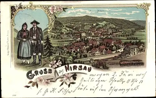 Litho Hirsau Calw im Schwarzwald, Paar in Trachten, Blick auf den Ort