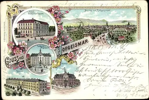 Litho Hofgeismar in Nordhessen, Hotel Deutscher Kaiser, Rathaus, Kaserne, Totalansicht