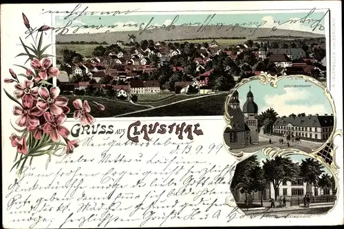 Litho Clausthal Zellerfeld im Oberharz, Oberbergamt, Post, Kriegerdenkmal, Ortspanorama
