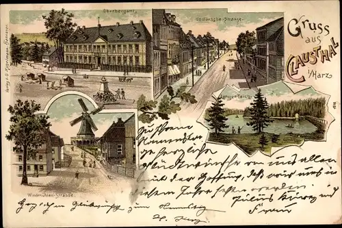 Litho Clausthal Zellerfeld im Oberharz, Windmühle, Langer Teich, Goslarsche Straße, Oberbergamt