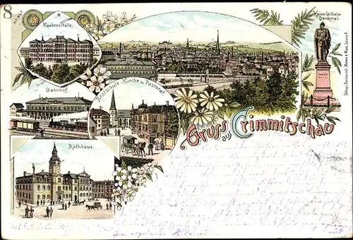 Litho Crimmitschau in Sachsen, Stadtansichten, Knabenschule, Denkmal, Bahnhof, Rathaus