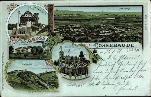 Litho Dresden Cossebaude, Osterberg, Bergrestaurant, Wilhelmsburg, Panorama