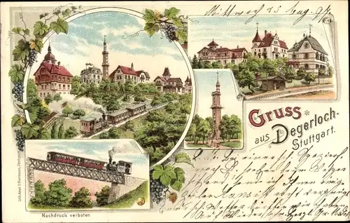 Litho Degerloch Stuttgart in Württemberg, Auffahrt der Zahnradbahn, Turm