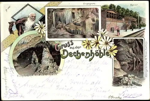 Litho Iserlohn im Märkischen Kreis, Dechenhöhle, Zwerg, Orgelgrotte, Bahnhof, Kristallgrotte