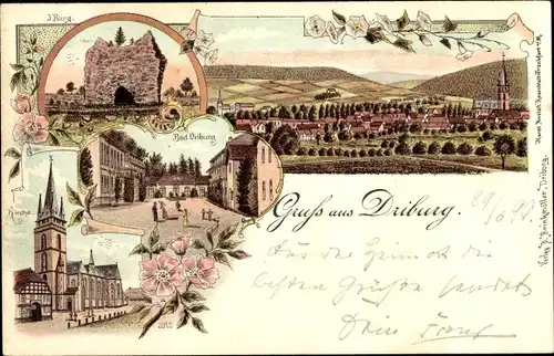 Litho Bad Driburg in Westfalen, Kirche, Burgruine, Totalansicht