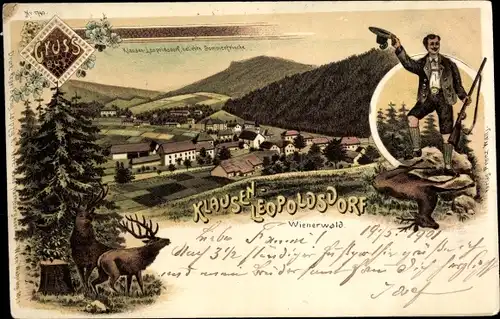 Litho Klausen Leopoldsdorf Niederösterreich, Blick auf den Ort, Jäger, Hirsche