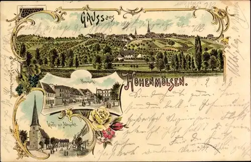 Litho Hohenmölsen im Burgenlandkreis, Kirche, Altmarkt, Neumarkt, Totalansicht