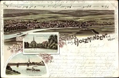 Litho Holzminden an der Weser, Mittlerer Teich, Weserbrücke, Blick auf den Ort