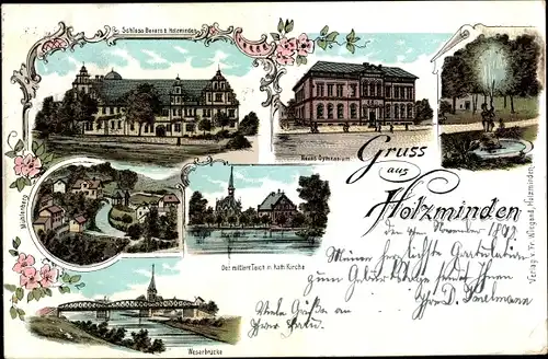 Litho Holzminden an der Weser, Mittlerer Teich, Weserbrücke, Schloss Bevern, Gymnasium