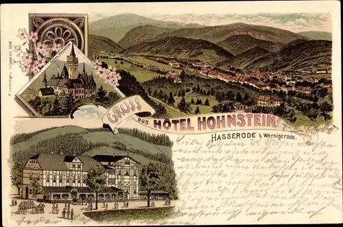 Litho Hasserode Wernigerode am Harz, Hotel Hohnstein, Blick auf den Ort