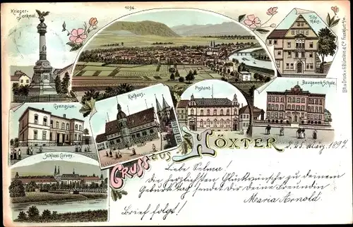 Litho Höxter an der Weser, Kriegerdenkmal, Gymnasium, Schloss Corvey, Baugewerkschule, Tilly Haus