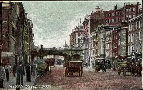 Ak London City England, Holborn Viaduct, Brücke, Pferdekutschen, Straßenansicht