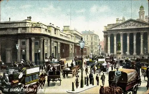 Ak London City England, The Bank of England, Royal Exchange, Platz, Pferdekutschen, Straßenansicht