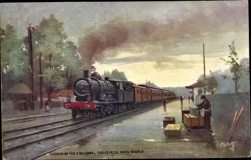Künstler Ak Chemin de Fer d'Orleans, Sud Express Paris Madrid, Französische Eisenbahn, Dampflok