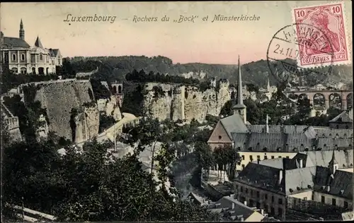 Ak Luxemburg Luxembourg, Rochers du Bock et Münsterkirche