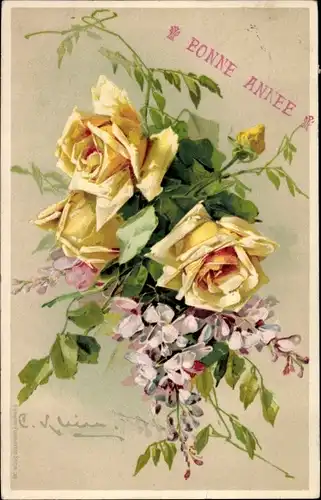 Künstler Litho Klein, Catharina, Gelbe Rose mit Knospen und weißen Blüten