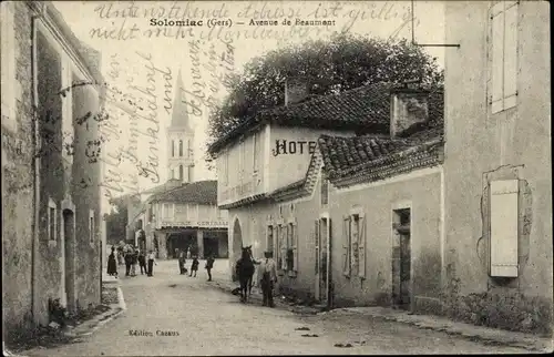 Ak Solomiac Gers, Avenue de Beaumont, Hôtel de France, Église