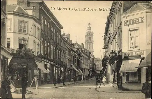 Ak Mons Wallonien Hennegau, Grande Rue et le Beffroi, Coiffeur