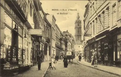 Ak Mons Wallonien Hennegau, Rue d'Havre et Beffroi, Geschäfte