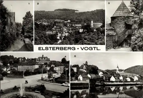 Ak Elsterberg im Vogtland, Panorama, Burgruine, Turm am Haupttor, August-Bebel-Brücke