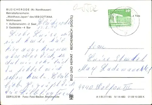 Ak Bleicherode am Harz, Betriebsferienheim Waldhaus Japan, VEB Cottana Mühlhausen, Saal, Gaststätte
