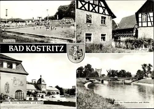 Ak Bad Köstritz in Thüringen, Heinrich-Schütz-Gedenkstätte, HOG Frosch, Sommerbad, Wappen