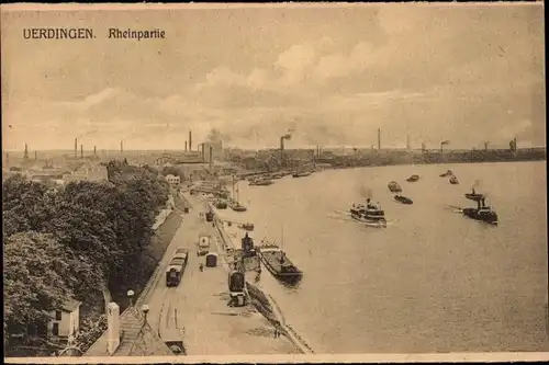 Ak Uerdingen Krefeld am Niederrhein, Rheinpartie, Schiffe, Eisenbahn