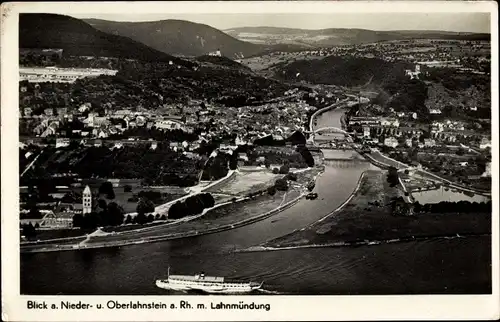 Ak Lahnstein am Rhein, Blick a. Nieder- und Oberlahnstein mit Lahnmünsung, Panorama, Brücke