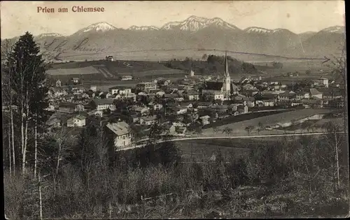 Ak Prien am Chiemsee Oberbayern, Panorama, Kirchturm, Berge