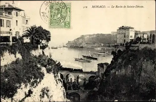 Ak Monaco, Le Ravin de Sainte Dévote, Schlucht, Viadukt, Dampflok