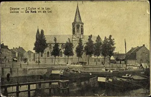 Ak Deynze Deinze Ostflandern, L'Eglise et la Lys, Kirche