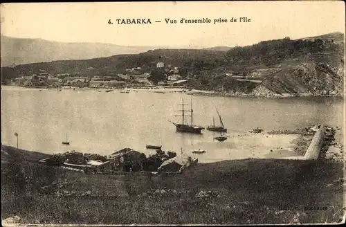 Ak Tabarka Tunesien, Vue d'ensemble prise de l'Ile, Segelschiff, Landungssteg