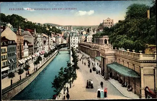 Ak Karlovy Vary Karlsbad Stadt, Mühlbrunnen Kolonnade, Mühlbrunnenquai, Kreuzstraße