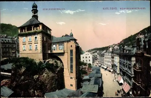 Ak Karlovy Vary Karlsbad Stadt, Mühlbrunnstraße, Schlossberglift