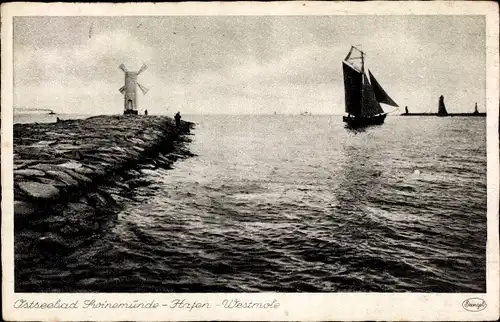 Ak Świnoujście Swinemünde Pommern, Hafen, Westmole, Segelboot, Windmühle