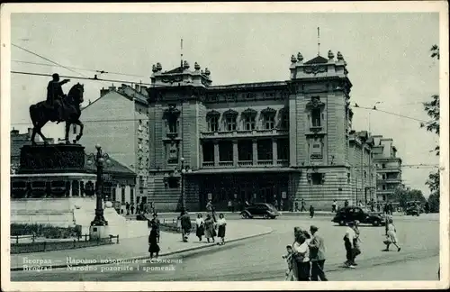Ak Belgrad Beograd Serbien, Narodno pozoriste i spomenik, Nationaltheater, Reiterdenkmal