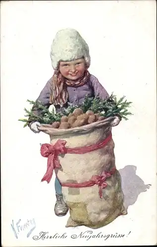 Künstler Ak Feiertag, Karl, Glückwunsch Neujahr, Junge mit einem Kartoffelsack