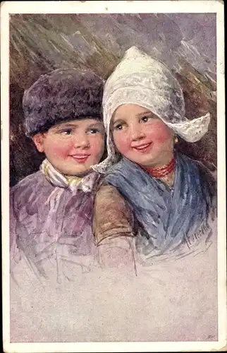Künstler Ak Feiertag, K., Kinder in niederländischer Tracht, Portrait
