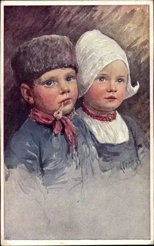 Künstler Ak Feiertag, K., Kinder in niederländischer Tracht, Portrait